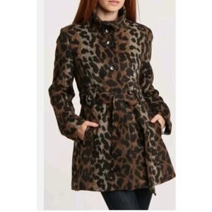 Centigrade Leopard Print Soft Wool Blend Peacoat with Belt
